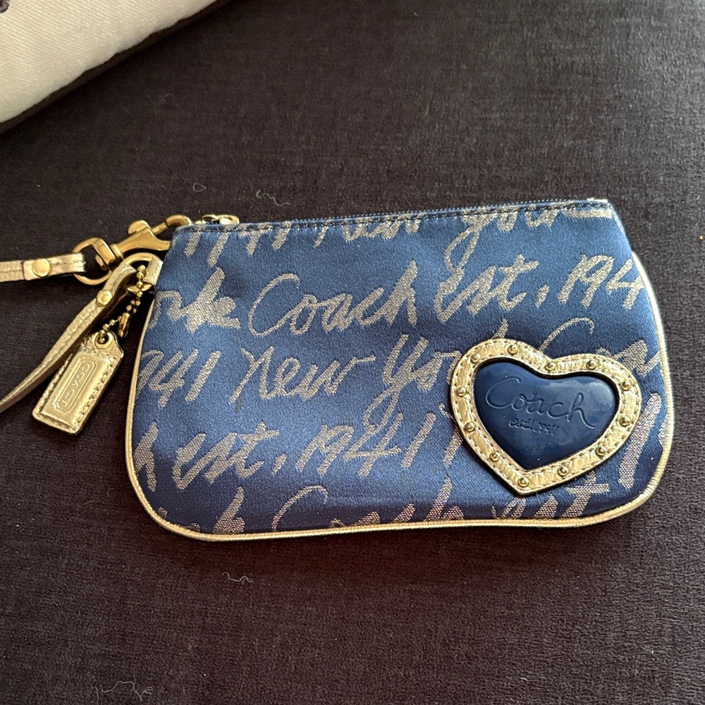 Coach Navy Wristlet with Heart Accent